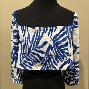 H&M Blue and White Puff Sleeve Crop Blouse